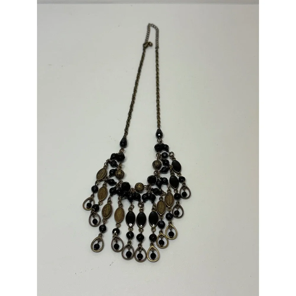 Antique Brass Black Beaded Bib Fringe Statement Necklace Gothic Boho